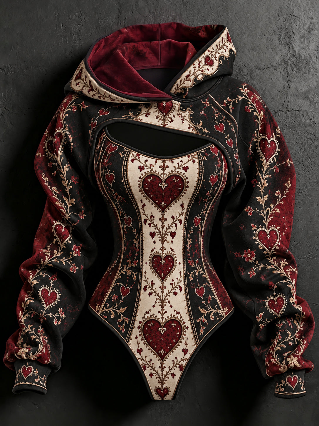 Women's Halloween Queen Of Heart Cosplay Pattern Print Hoodie Two Piece Set
