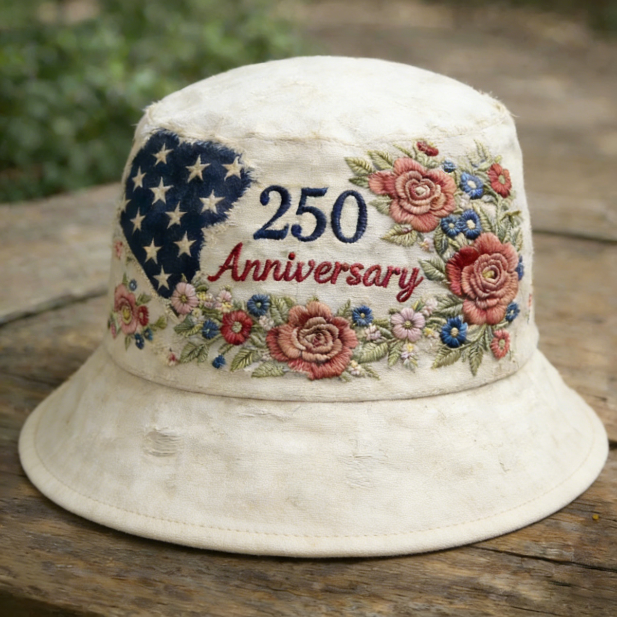 USA 250th Anniversary Floral Bucket Hat – Vintage Embroidered American Flag & Flowers Hat