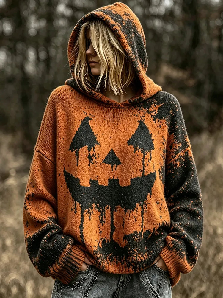 Women's Retro Halloween Pumpkin Face Print Casual Warm Hooded Sweater