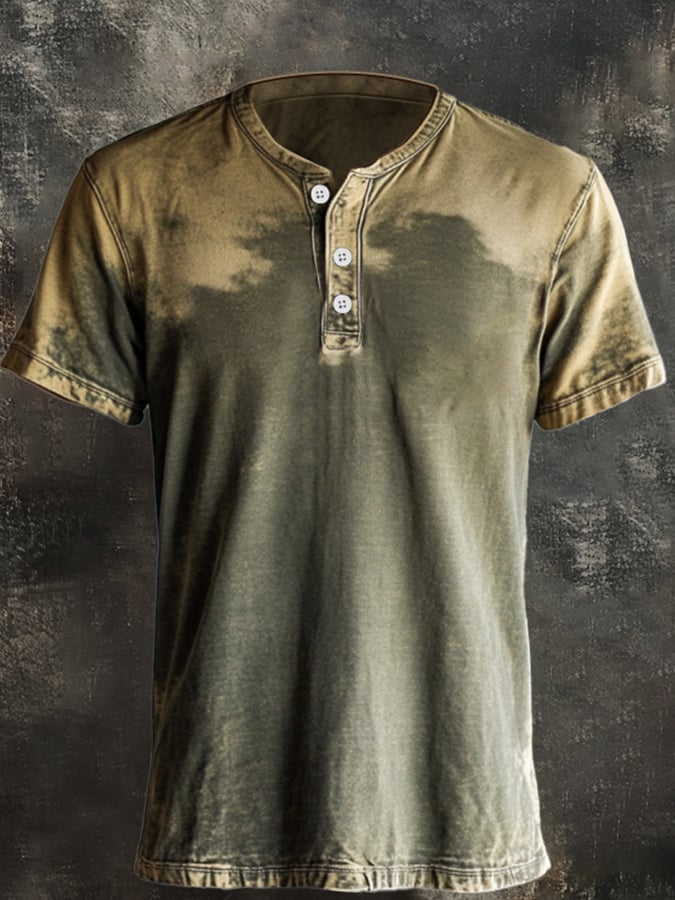 Men's casual vintage print Henley T-shirt