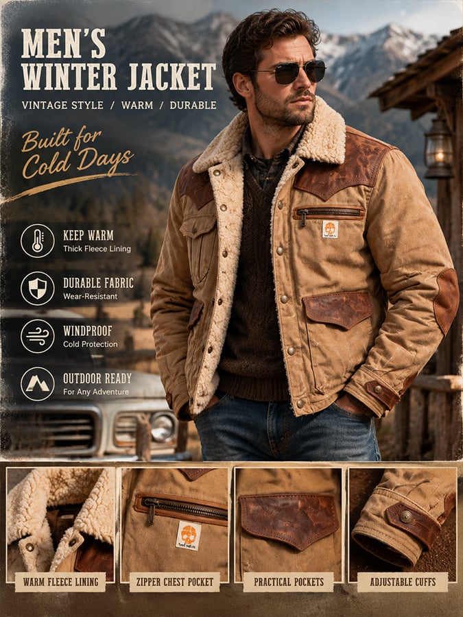 Men’s Vintage Leather-Paneled Insulated Multi-Pocket Western-Style Outdoor Jacket