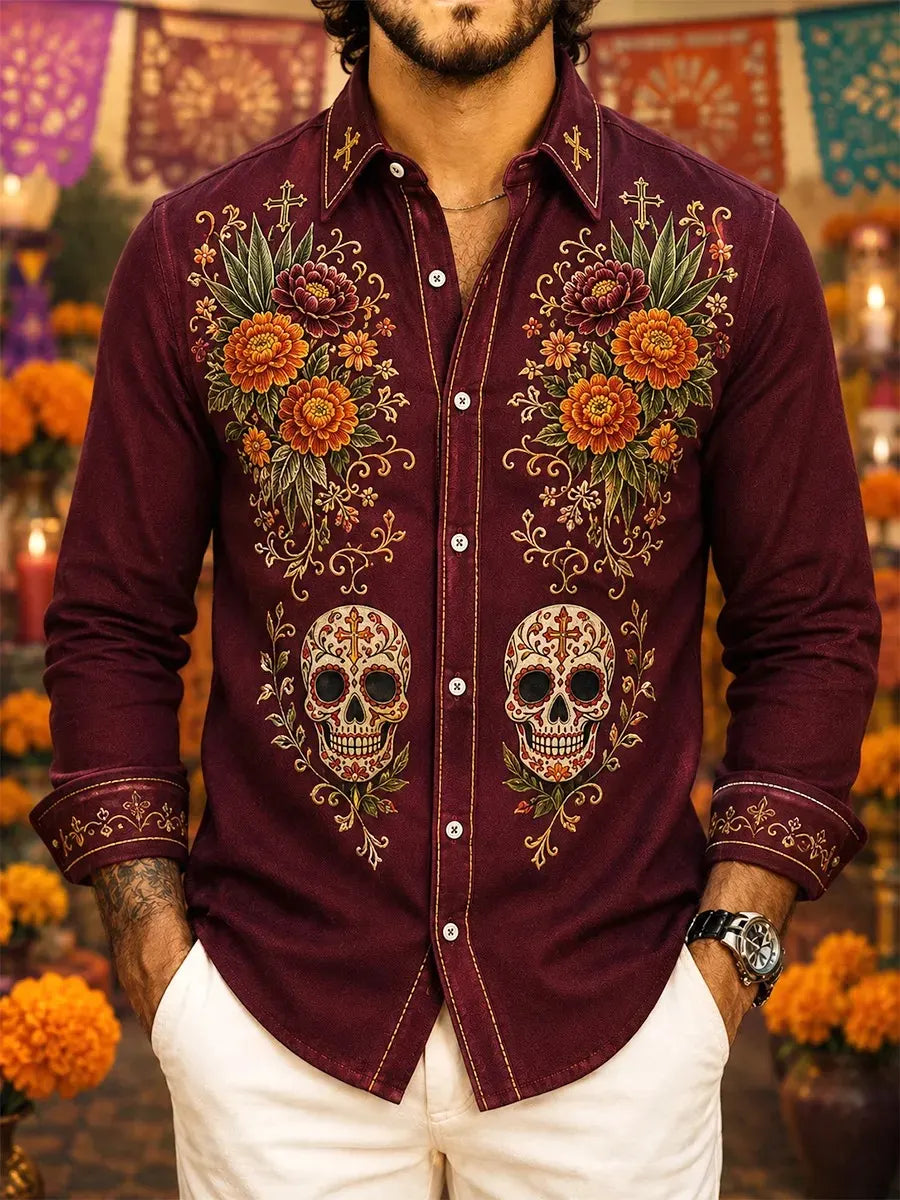 Men's Day Of The Dead Symmetrical Floral Skulls Print Shirt
