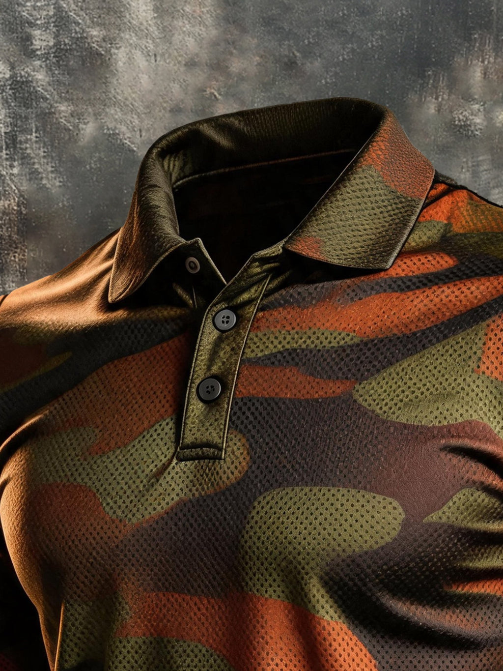 Men's Retro Color-Block Camouflage Long-Sleeve Polo Shirt