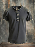 Men's casual vintage style Henley shirt with washed print and short sleeves
