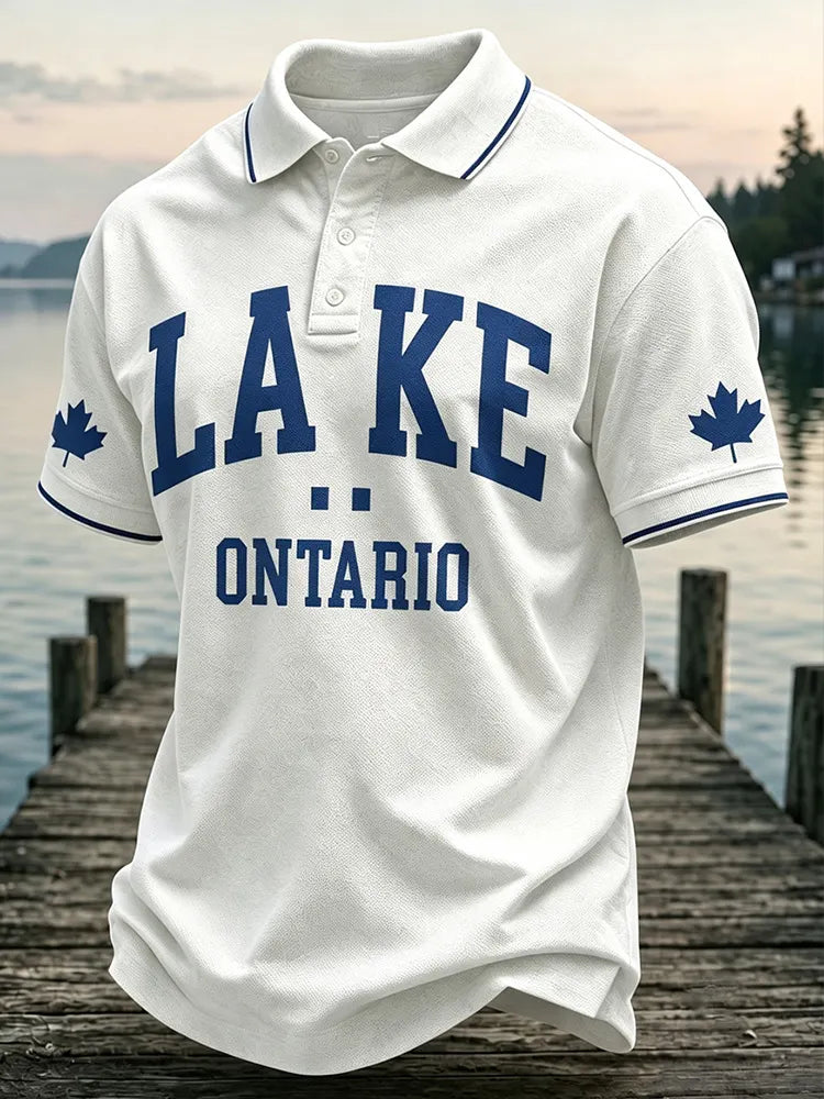 Men's Retro Lake Ontario Print Short Sleeve Polo Shirt