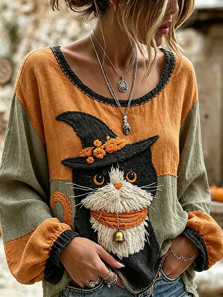 Women's Retro Halloween Cute Wizard Cat Art Embroidered Linen Blend Round Neck Long Sleeve Tops