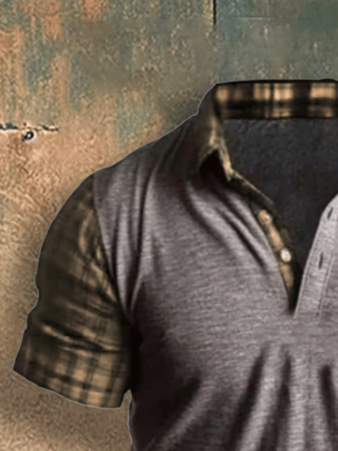 Men's Basic Everyday Casual Retro Plaid Stitching Short Sleeve Loose and Comfortable Top POLO Shirt