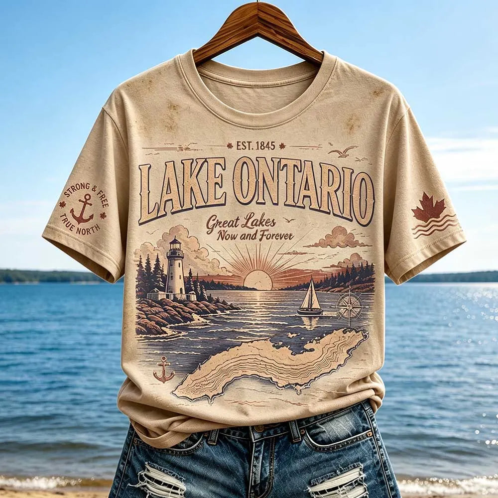 Women's Lake Ontario Graphic T-shirt - Sunset Landscape & Lighthouse Print