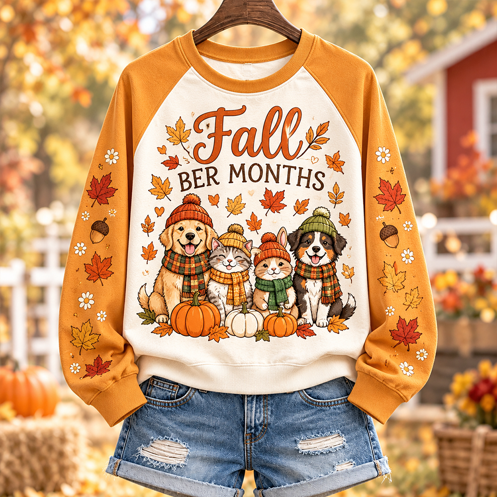 Women's "fall Ber Months" Cute Animals And Pumpkins Graphic Raglan Sweatshirt
