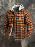 Men's Retro Color-Block Plaid Fleece-Lined Warm Hooded Jacket