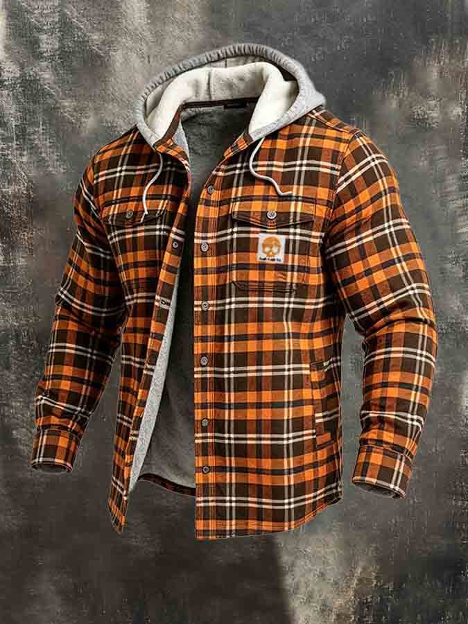 Men's Retro Color-Block Plaid Fleece-Lined Warm Hooded Jacket