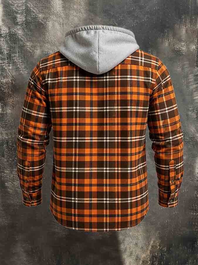 Men's Retro Color-Block Plaid Fleece-Lined Warm Hooded Jacket
