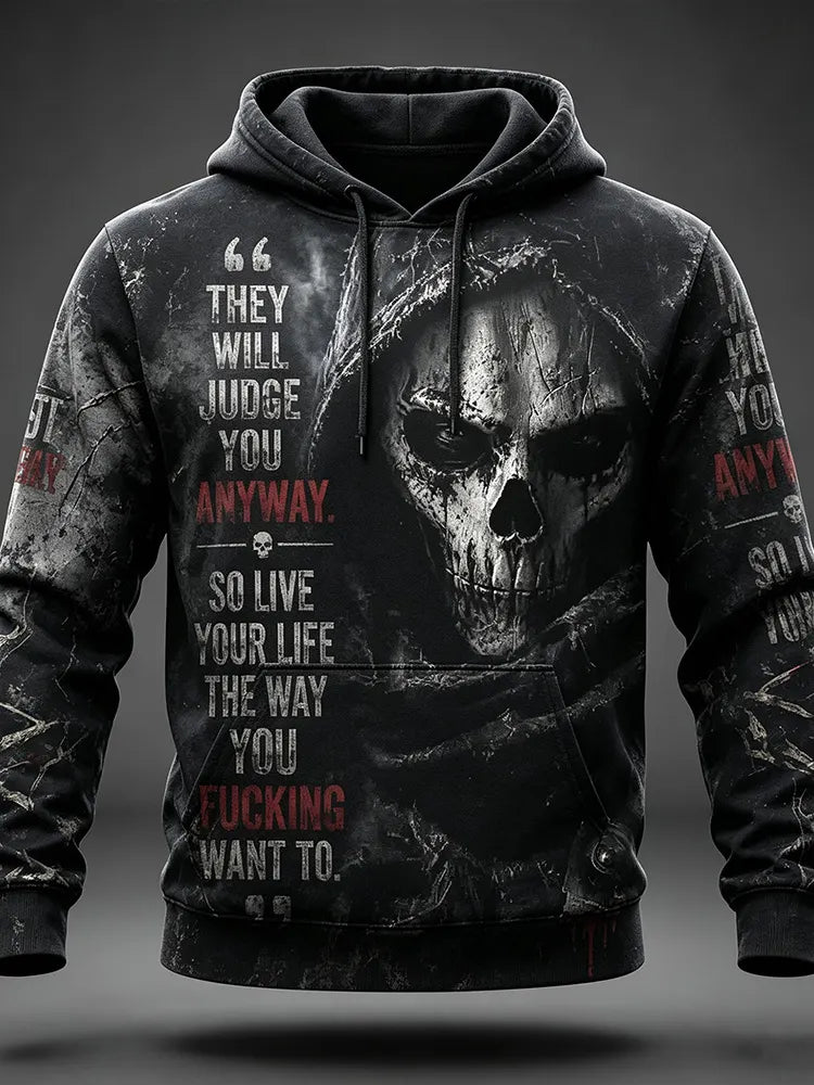 Retro Distressed Gothic Dark Aesthetic Death Skull Slogan Hoodie