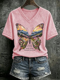 V Neck Retro Butterfly He Leads You Home Beside Smokey Tennessee Mountains Print T-Shirt