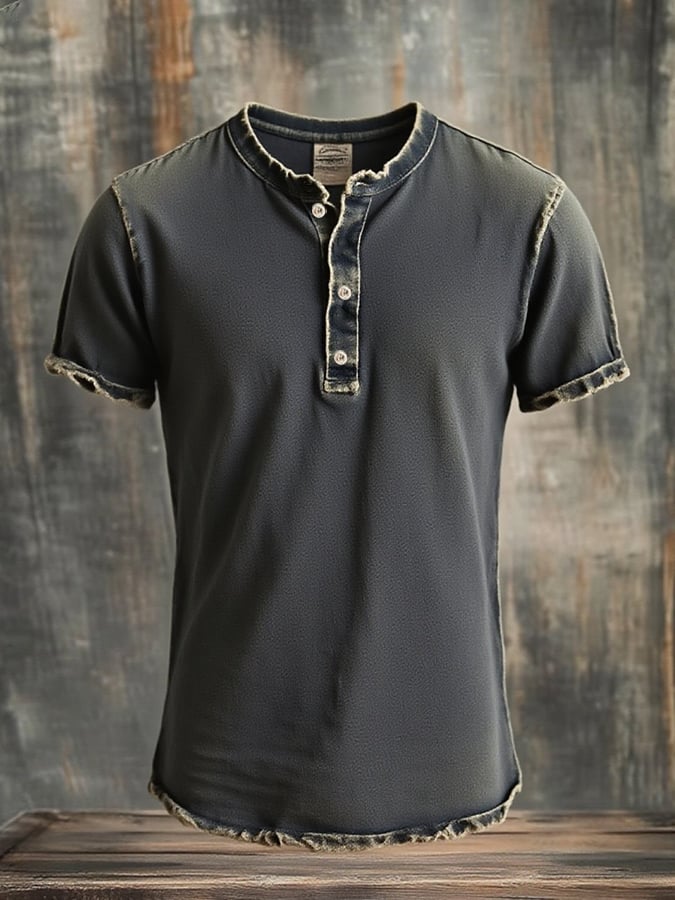 Men's casual vintage style Henley shirt with washed print and short sleeves