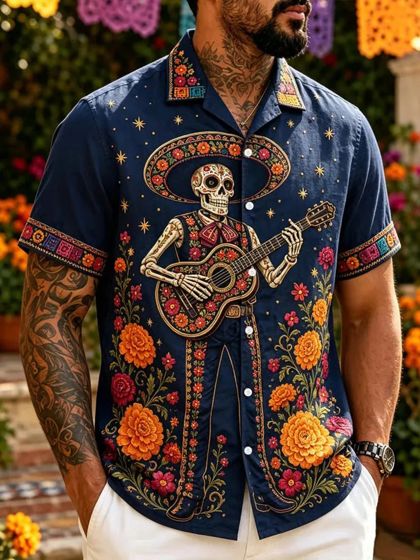 Men's Day Of The Dead Print Short Sleeve Buttons Shirt