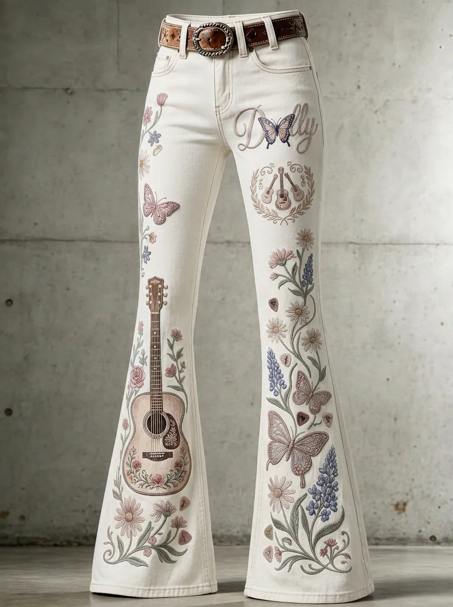 Women's Dolly Parton Guitar Butterfly Floral Printed Flare Jeans