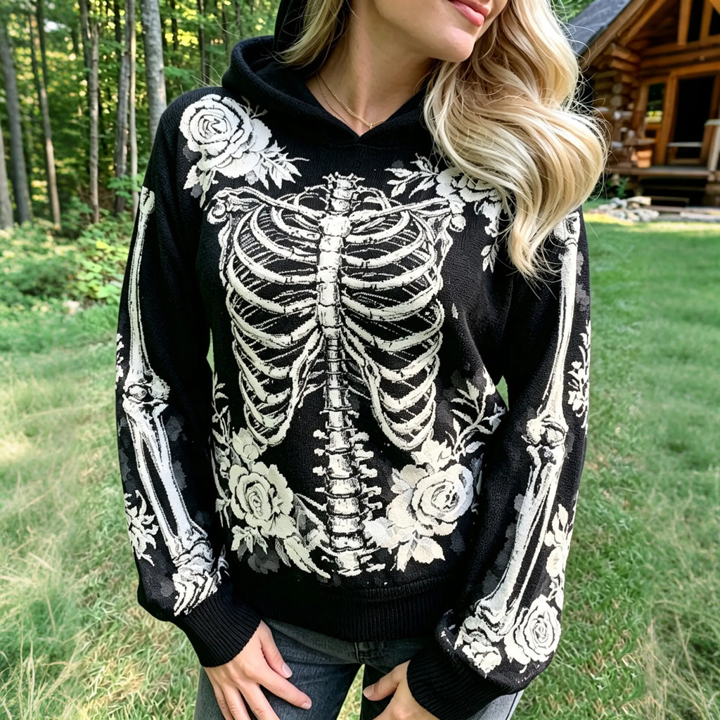 Women's Vintage Halloween Skeleton Flowers Print Cozy Art Knit Hooded Sweater