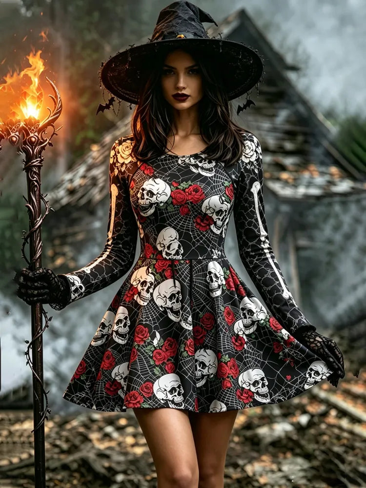 Women's Halloween Gothic Skull Spider Web Rose Long-sleeve Mini Dress