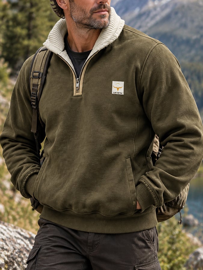 Men's Retro Color-Block Warm Zip-Up Stand-Collar Sweatshirt