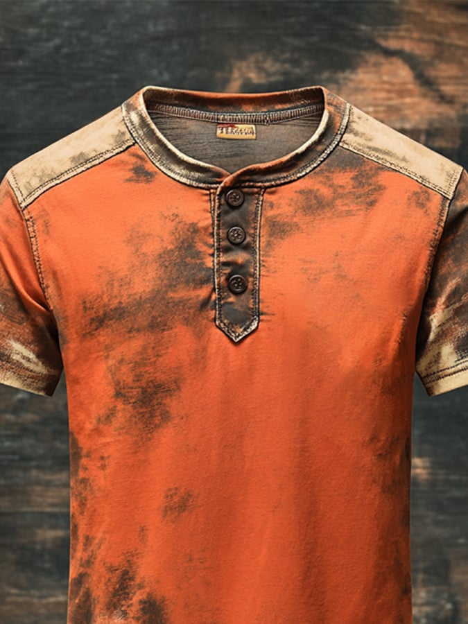 Men's vintage-style Henley print short-sleeved T-shirt