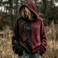 Women's Retro Halloween Bloody I‘m Fine Print Casual Warm Hooded Sweater