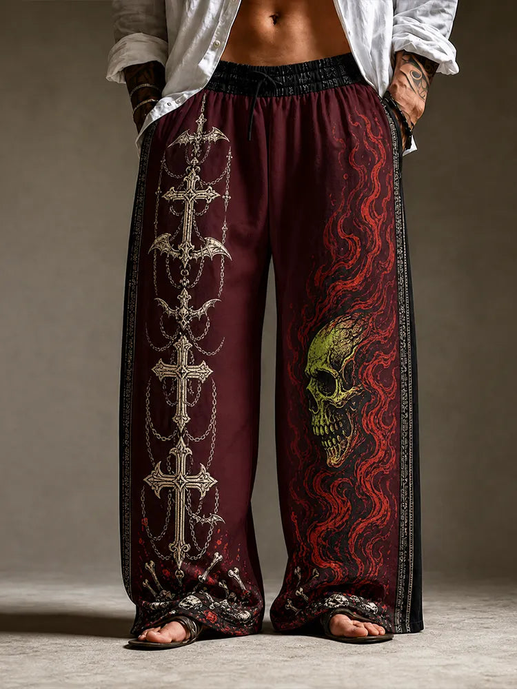 Men's Gothic Wide-leg Pants - Skulls, Red Flames And Chained Crosses Print Casual Trousers