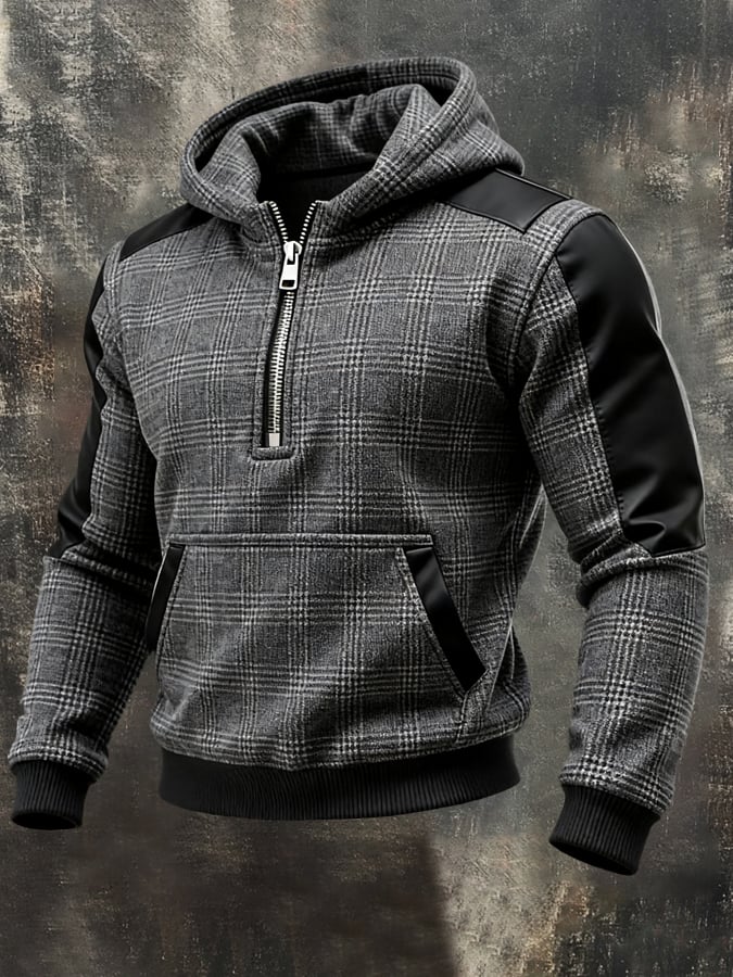 Men'S Vintage Plaid And Leather Panel Half-Zip Hoodie