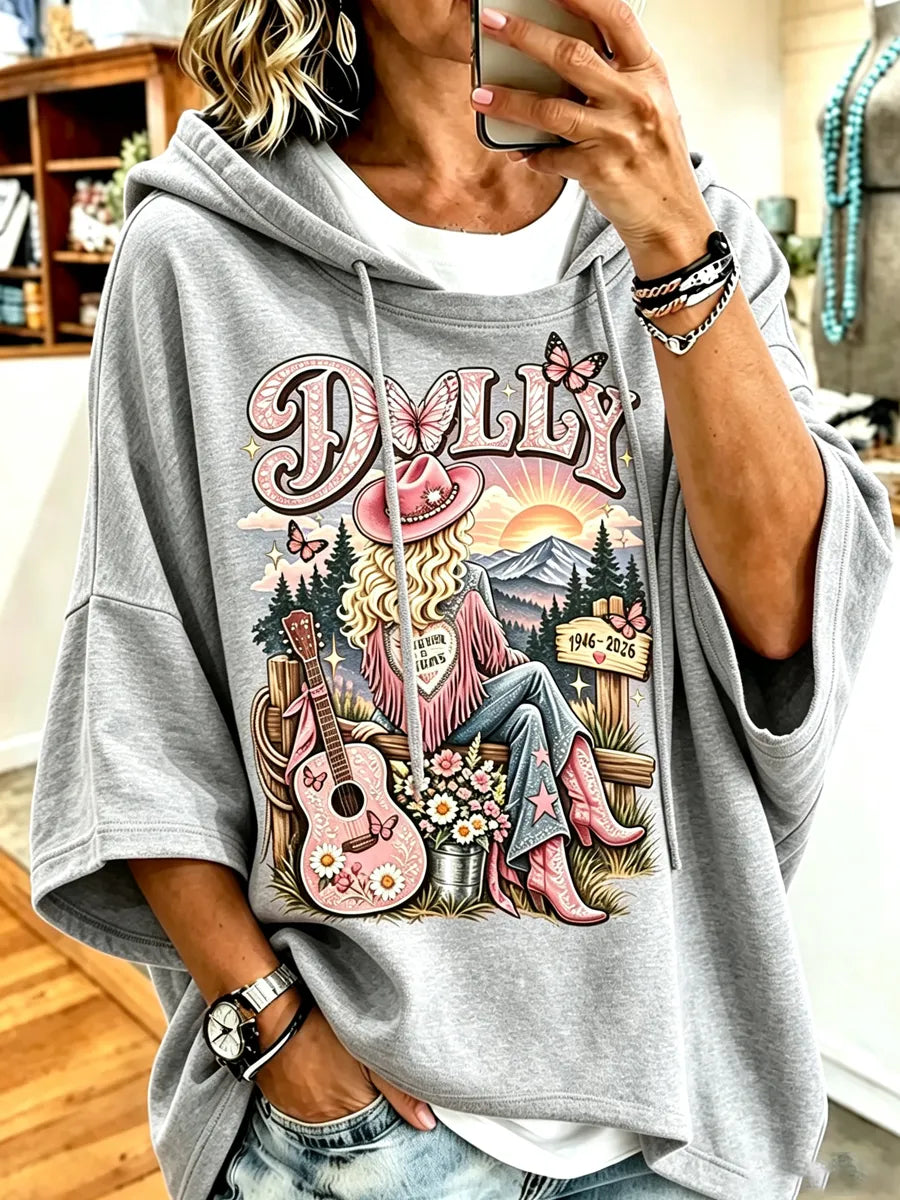Women's commemorative printed round neck hooded sweatshirt