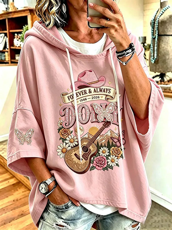 Women's commemorative printed round neck hooded sweatshirt