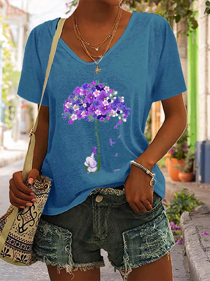 V-neck  Alzheimer's Awareness I Wear Purple For My Mother Print T-Shirt