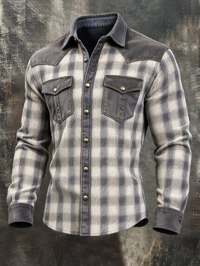 Men'S Vintage Western-Style Color-Block Long-Sleeve Shirt With Suede And Patterned Panels