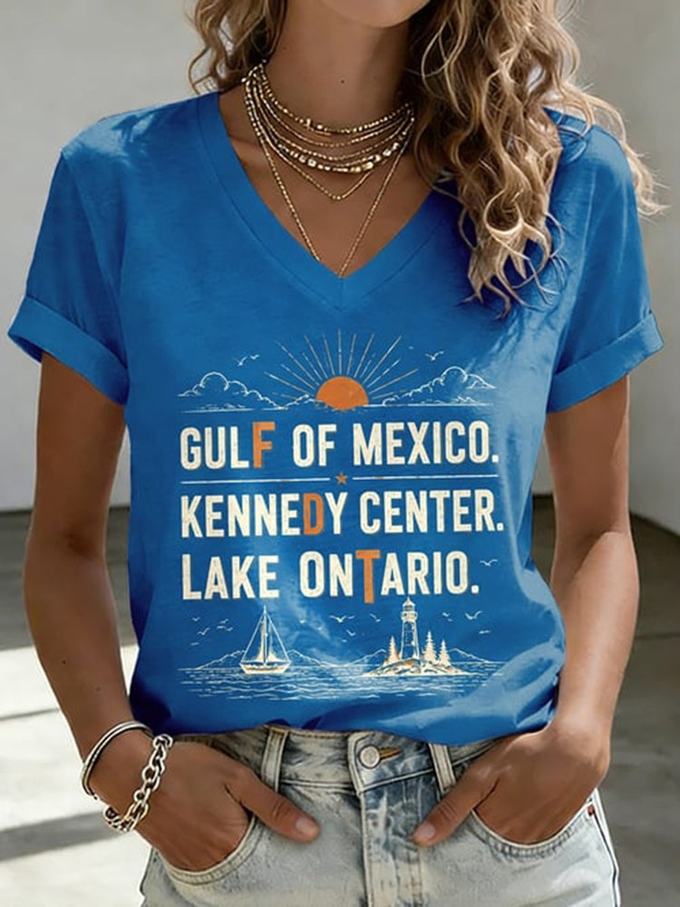 V-neck Retro Fdt Gulf Of Mexico. Kennedy Center. Lake Ontario. Print T-shirt