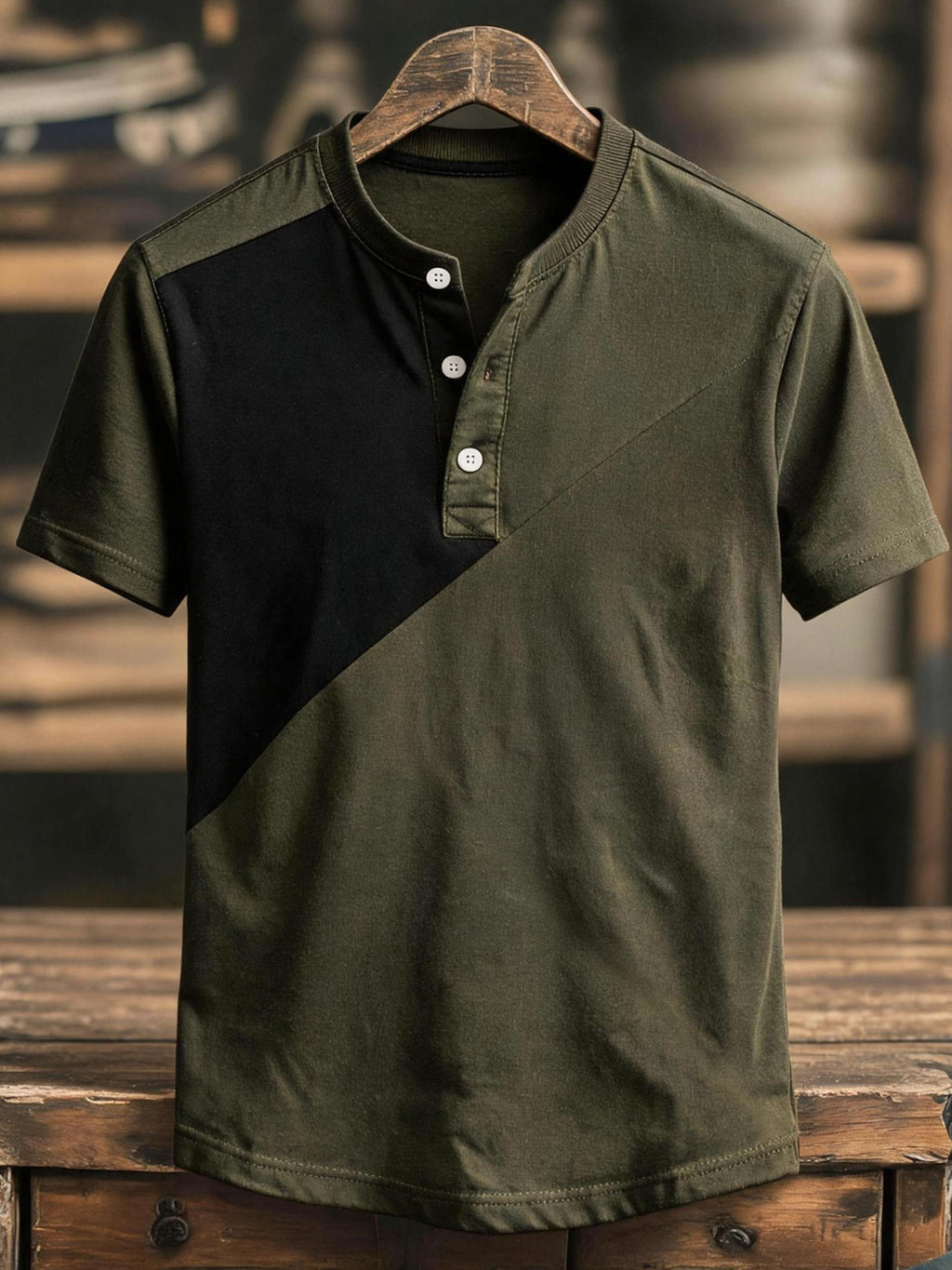 Men's Retro Color-Block Short-Sleeve Henley T-Shirt