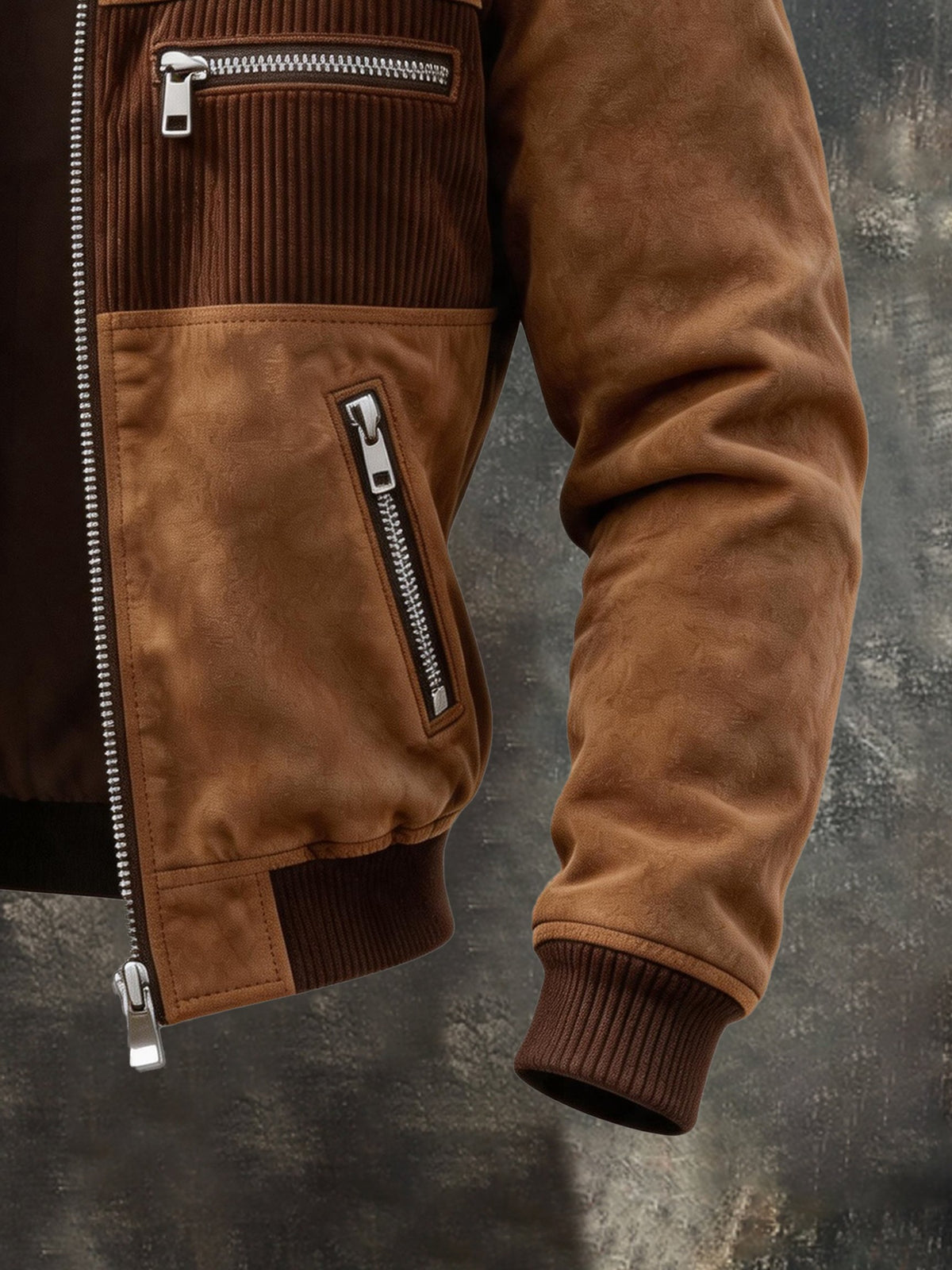 Men's Retro Faux Suede Panel Zip-Up Jacket