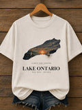 Retro Lake Ontario Map Silhouette Sunset Lighthouse Sailboat Pattern T-shirt