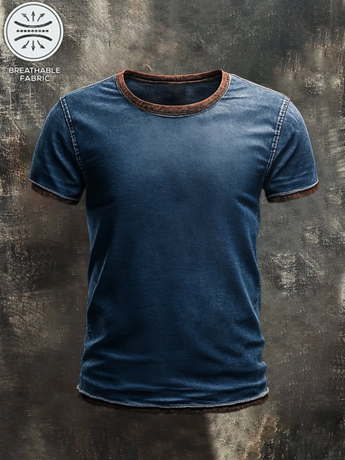 Men's retro washed contrast color casual round neck short sleeve t-shirt