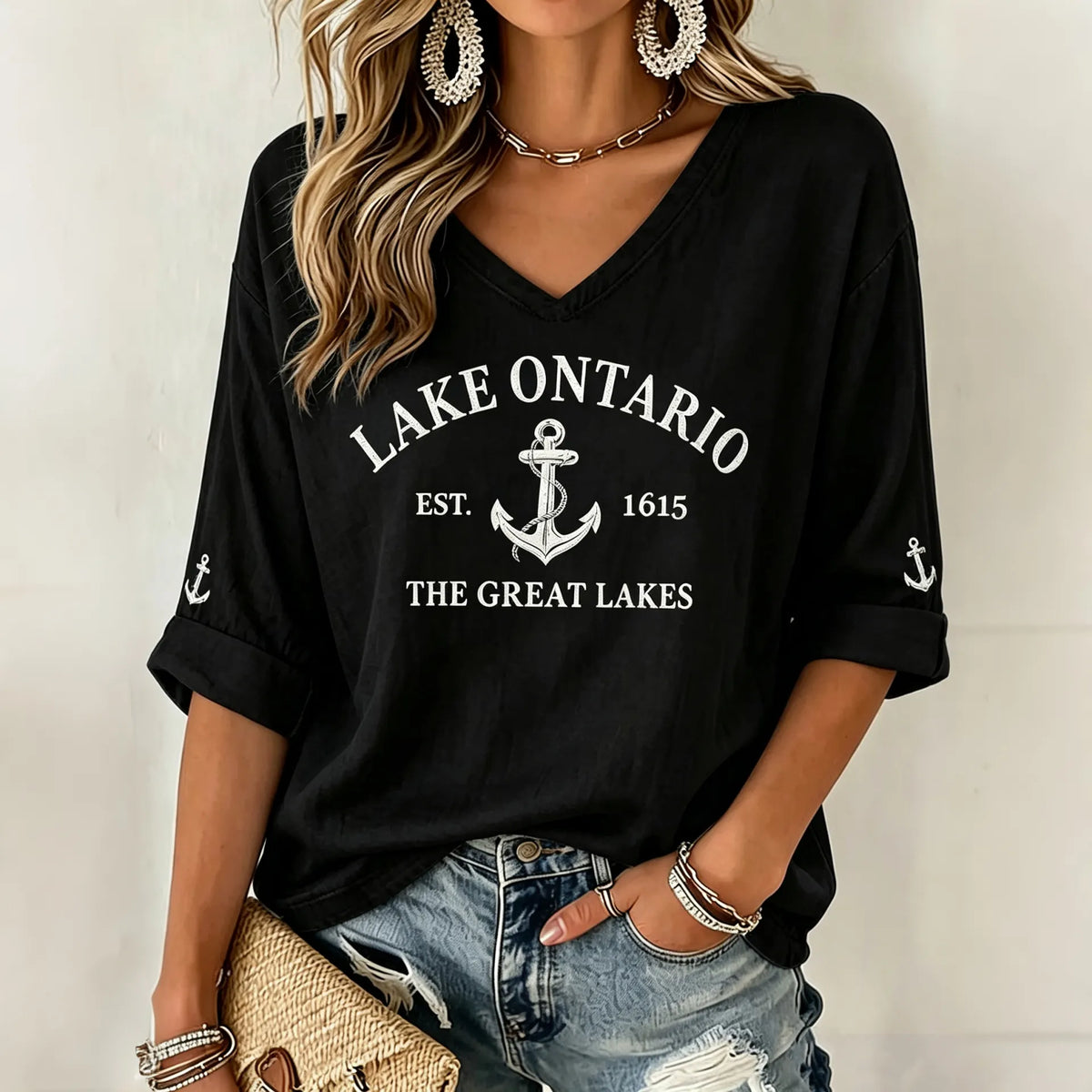 Lake Ontario 1615 Printed Women's Mid-sleeve V-neck T-shirt