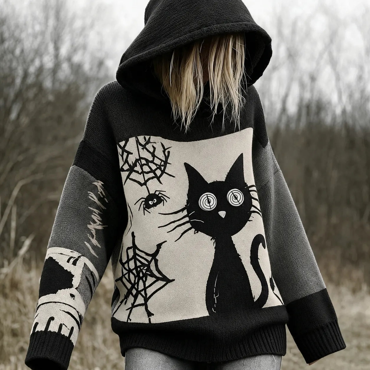 Halloween Scared Black Cat Patchwork Stitched Cozy Knit Hooded