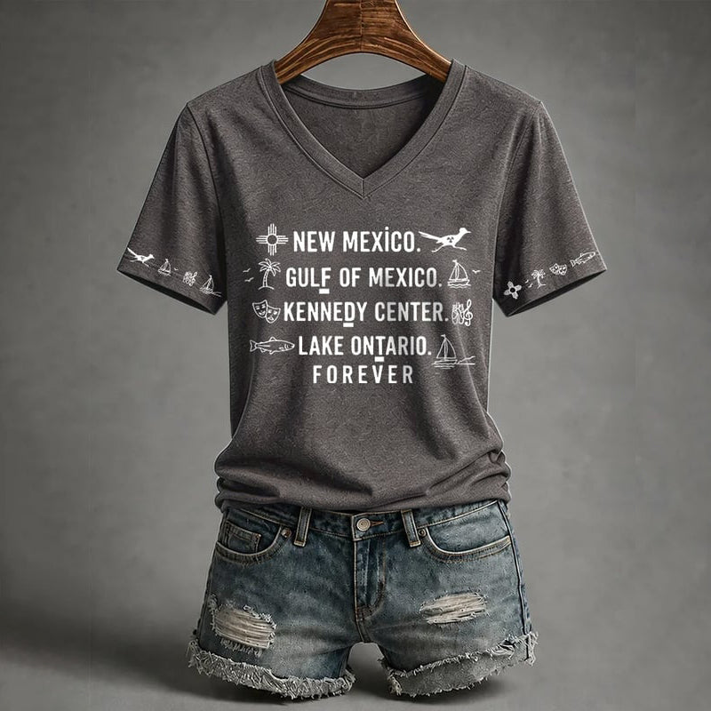 V-neck Retro New Mexico, Gulf Of Mexico, Kennedy Center, Lake Ontario, Forever Fdt Print T-shirt