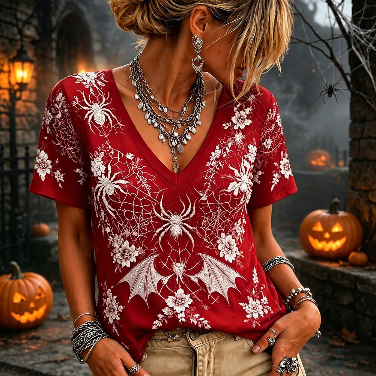 Women 3d Silver Spider Bat Floral Lace Mesh V Neck Short Sleeve Gothic Witch Halloween Top