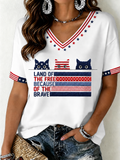 Women's American Flag And Cat Embroidered Casual V-Neck T-Shirt