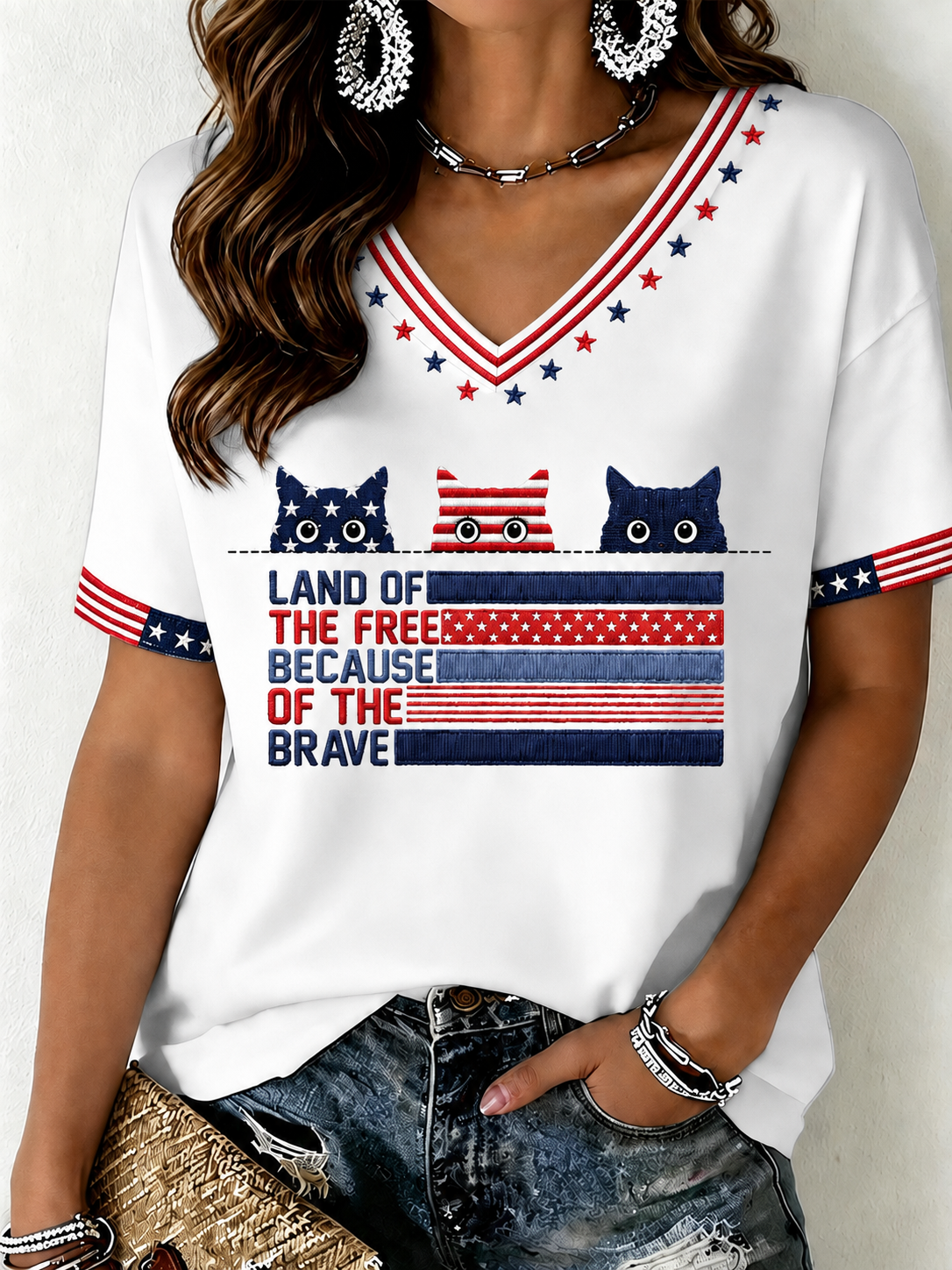 Women's American Flag And Cat Embroidered Casual V-Neck T-Shirt