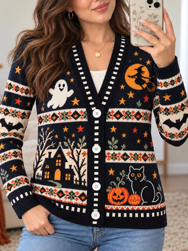 Women's Halloween Haunted House And Black Cat Knit Cardigan