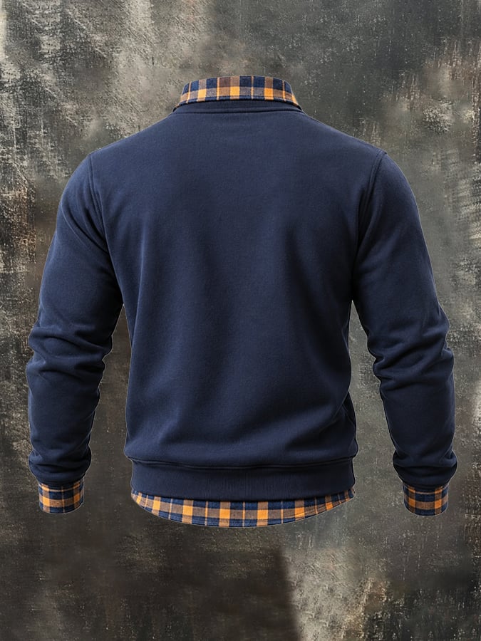 Men’s Vintage-Style Plaid-Patchwork Faux-Layered Sweatshirt