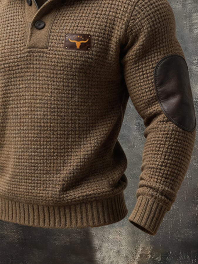 Men's Vintage Color-Block Leather-Trim Button-Front Henley Long-Sleeve Knit Sweater