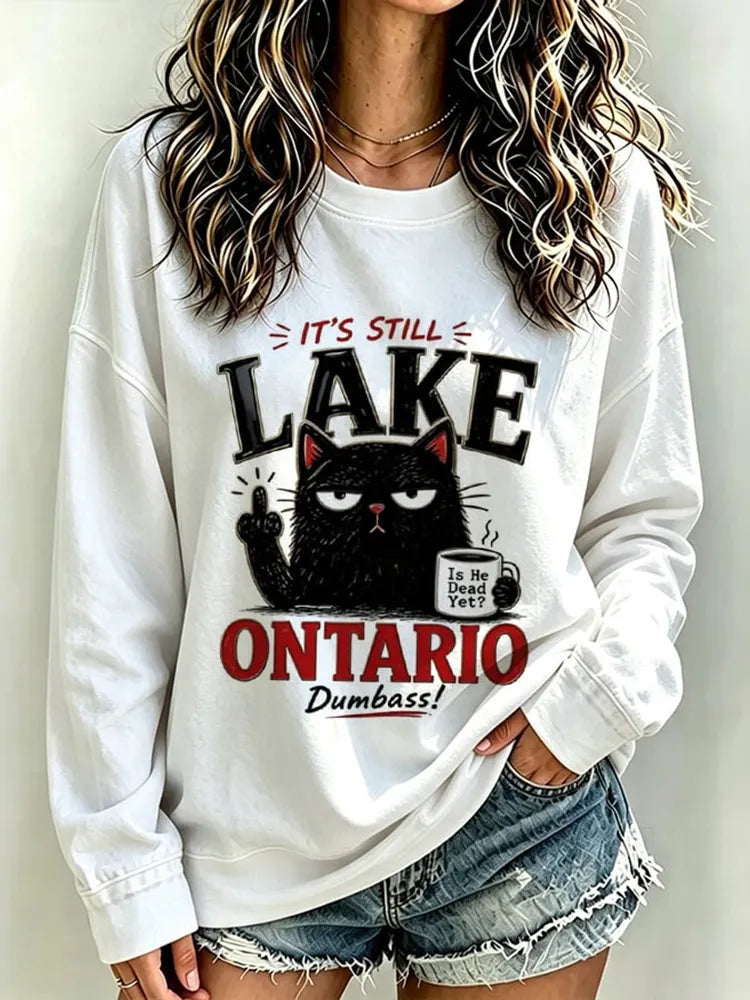 Women's Retro Lake Ontario Cat Art Print Crew Neck Sweatshirt