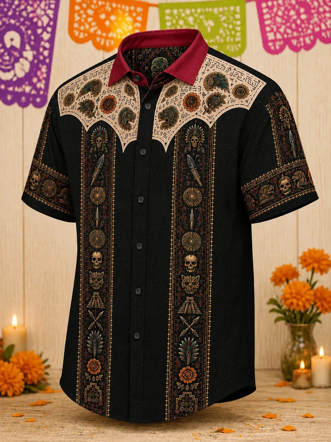 Men's Day Of The Dead Print Short Sleeve Buttons Shirt