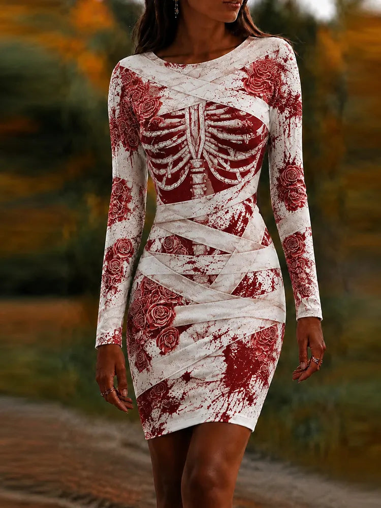 Women's Halloween Dark Gothic Skeleton And Bandage Art Crew Neck Long Sleeve Dress