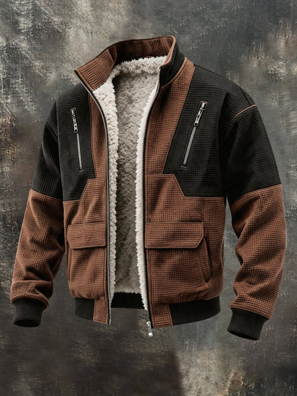 Men's Retro Color-Block Waffle-Knit Multi-Pocket Utility Jacket